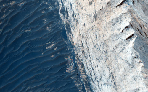 火星地表峡谷照片，层叠起伏，宛如海洋。