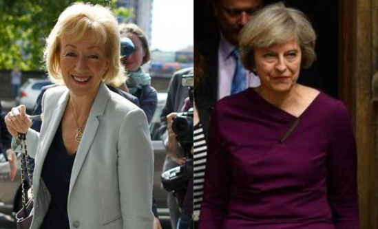 Andrea Leadsom, ministre de l'écologie depuis 2015, et Theresa May, ministre de l'Intérieur de David Cameron depuis 2010.